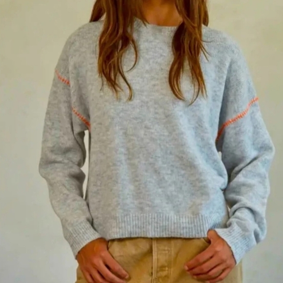 Sundry By "Anthropologie" Soft Sweater in Heather Gray & Yellow Baseball Stitch - Picture 3 of 9